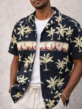 Pierre Cardin Hawaiian Navy Shirt Tropical short sleeves Aloha Beach Syle Resort